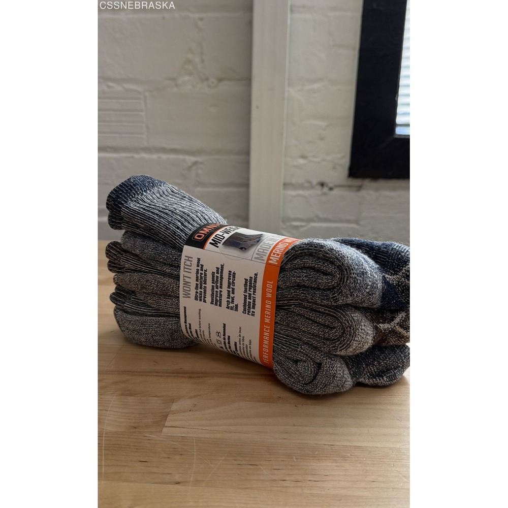 Omni-Wool Unisex Mid-Weight Hikers Merino Wool Socks 3-Pack Blue Brown Sz L New